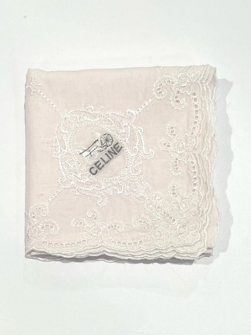 CELINE HANDKERCHIEF EMBROIDERY FLOWER LOGO WOMAN POCKET SQUARE COTTON 17.5”